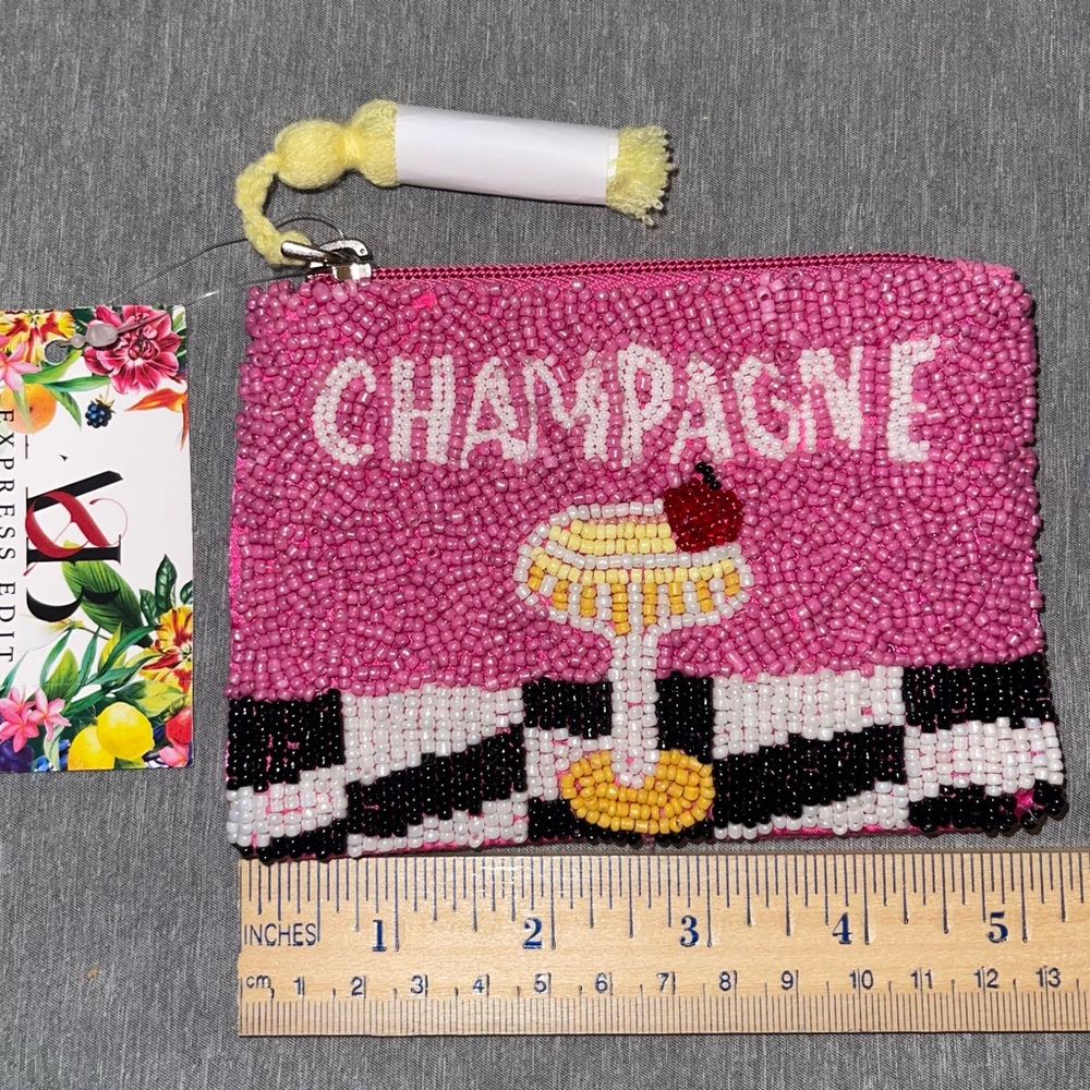 NWT A&B Express Edit Beaded Champagne Coin Money Lipstick Purse Pink Check
